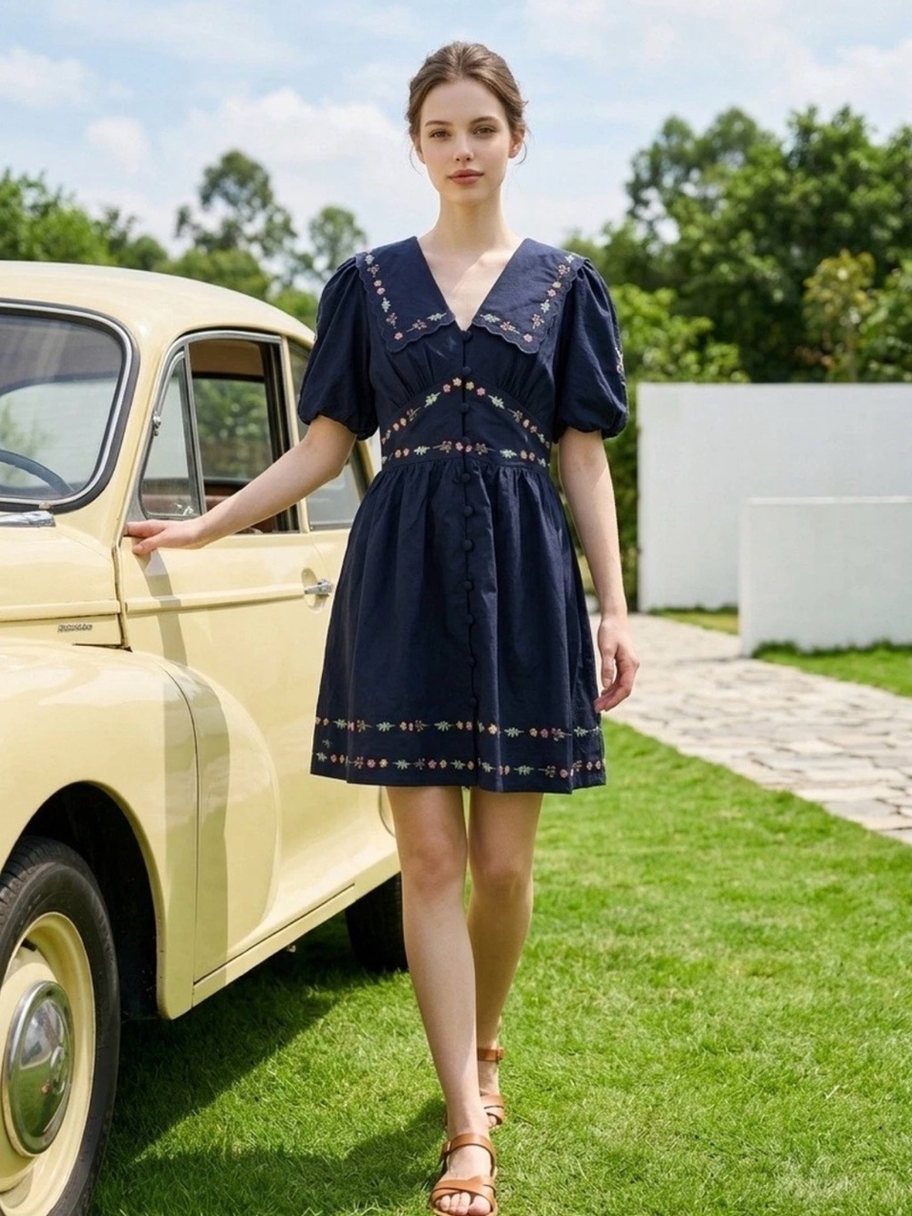 Caroline Constas Navy Embroidered V-Neck Puff Sleeve Floral Dress w/ Pockets 2